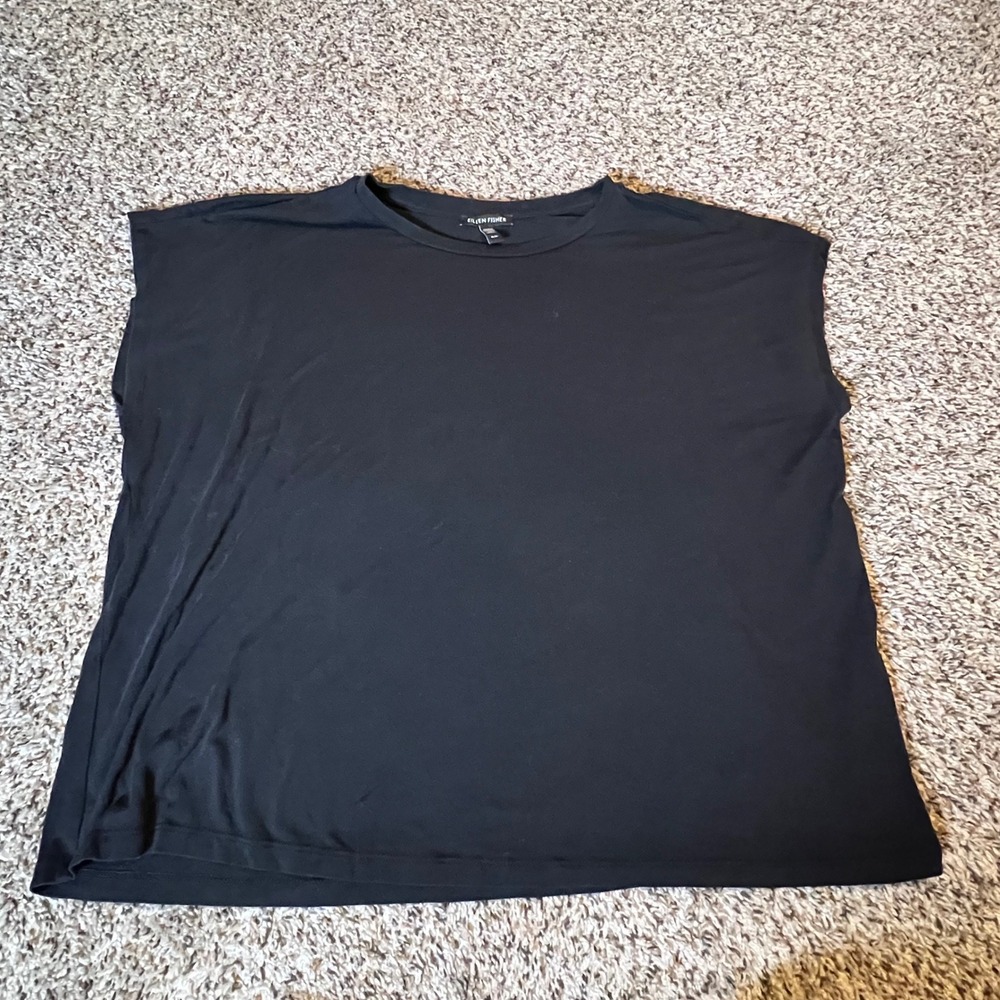 Eileen Fisher Black Tencel‎ Lyocell Boxy Cap Sleeve Tee Top Womens Medium M